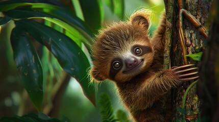 Wall Mural - baby sloth hanging on the tree. Generative Ai