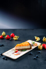 Poster - vegan healthy cheese cake dessert with tangerine