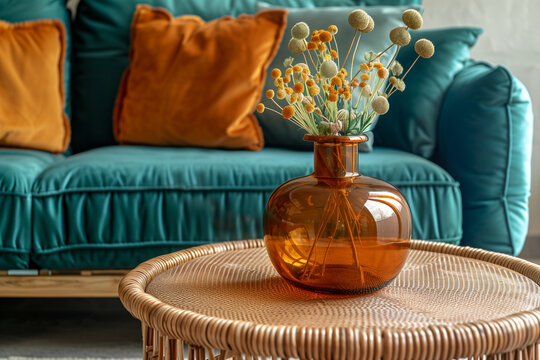 Boho farmhouse interior design of modern living room home. Close up of clay and glass vase on wooden round rattan coffee table near teal sofa.