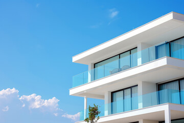 Close up of luxury house white villa with balcony terrace over blue sky. Minimalist architecture background with copy space.