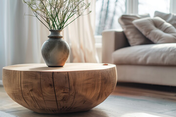 Wall Mural - Close up of round wooden coffee table and vase on it near sofa against window. Minimalist interior design of modern living room home.