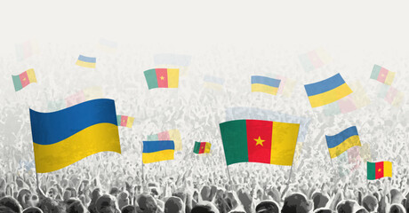 Sticker - People waving flag of Cameroon and Ukraine, symbolizing Cameroon solidarity for Ukraine.