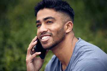 Poster - Phone call, man and college student in park, face and smile with connection to contact and talking. University, education and person in campus with mobile, speaking and check for update in studying
