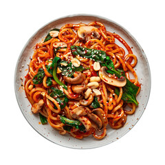 Wall Mural - Plate of Spicy Korean Noodles Isolated on a Transparent Background