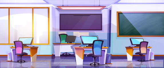 Poster - Empty modern office space, computer class, classroom, modern business workplace, room for coworking or studying. Featuring desks with monitors and a chalkboard on light background. Vector illustration