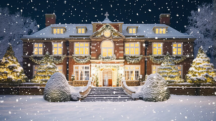 Christmas in the countryside manor, English country house mansion decorated for holidays on a snowy winter evening with snow and holiday lights, Merry Christmas and Happy Holidays design