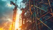 Design an image of a construction site where metallurgy workers are collaborating to install a large metal structure, emphasizing teamwork and safety