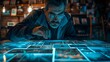 Design an image of a forensics expert examining crime scene photos spread out on a digital table