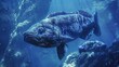 Design an image of a young coelacanth swimming alongside its mother in the deep blue sea