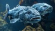 Design an image of a young coelacanth swimming alongside its mother in the deep blue sea