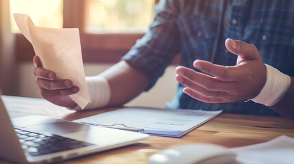 Aufkleber - Professional at Work with Documents and Laptop. Casual Businessman in a Meeting. Office Setting with Modern Tech. Focused Worker Reviewing Paperwork. AI
