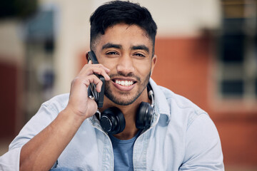 Poster - Happy man, portrait and students with phone call for discussion or friendly chat with headphones at college. Young male person or learner with smile on mobile smartphone for conversation at campus
