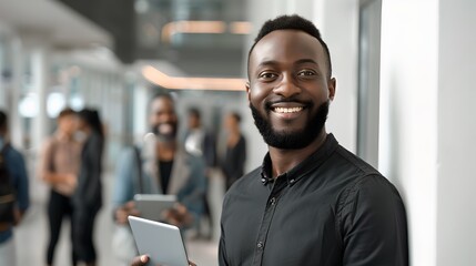 Wall Mural - Smiling African American Professional Holding Tablet in Office. Casual Business Style. Modern Corporate Environment. Confident and Friendly. AI