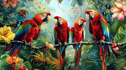 Wall Mural - Colorful macaws with tropical background . Generative Ai