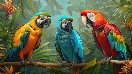 Wall Mural - Colorful macaws with tropical background . Generative Ai