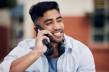 Poster - Happy man, student and discussion with phone call at college for friendly chat or outdoor talk. Male person or learner with smile or headphones on mobile smartphone for online conversation on campus
