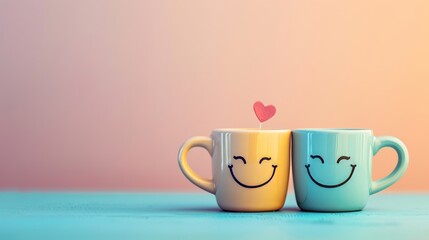 two couple cups with smiley faces on a desk. international friendship day concept.