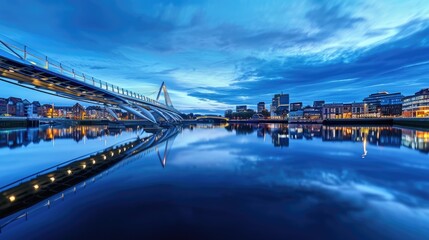 Wall Mural - Panoramic twilight view over a sleek modern bridge with city architecture reflections. Resplendent.