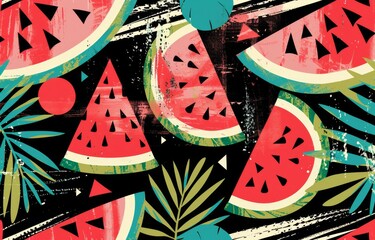 Poster - pattern with triangles and stripes, vintage summer tropical background, black background watermelon,