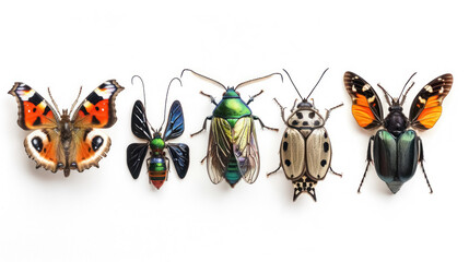 variety of butterflies and beetles displayed on white background