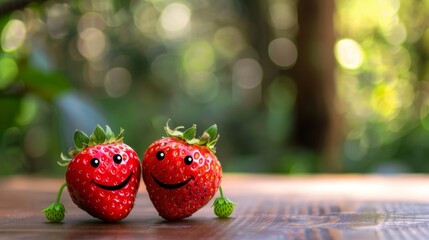 Wall Mural - Two couple strawberry with smiley faces on a desk. International Friendship Day Concept.