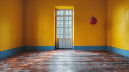 Canvas Print - A yellow room with a door and window in the middle, AI