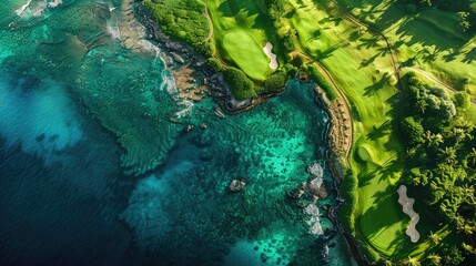 Wall Mural - aerial view of the green of the golf course with blue sea realistic