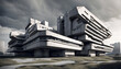 large concrete retro futuristic brutalist apartment building in an urban landscape