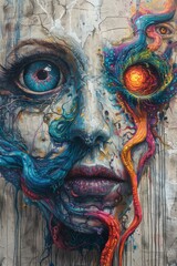 Wall Mural - A painting of a woman with eyes and mouth painted on her face, AI