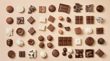 Wall Mural - Arrange white milk and dark chocolate treats on a flat lay with a soft beige backdrop capturing them from above for a striking presentation