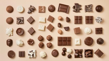 Canvas Print - Arrange white milk and dark chocolate treats on a flat lay with a soft beige backdrop capturing them from above for a striking presentation