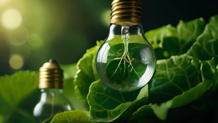 Poster - Eco-Friendly Concept with Earth Lightbulb on Leaves.A creative display of an eco-friendly concept with a lightbulb depicting the Earth, placed on lush green leaves with a bokeh light background