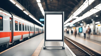  Blank advertising mockup board for advertisement at the train platform  or A mockup poster stands within a train station