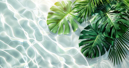 Green monstera and palm leaves floating on water with shimmering light reflections. clear water for social media promotion