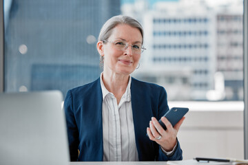 Poster - Mature businesswoman, office and smartphone with portrait, smile and technology for communication. Senior manager, cellphone and schedule for agenda, project management and professional email