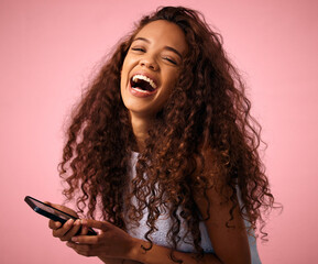 Aufkleber - Happy woman, portrait and laughing with phone for funny meme, joke or social media on a studio background. Female person with smile in laughter for chat, humor or comedy on mobile smartphone