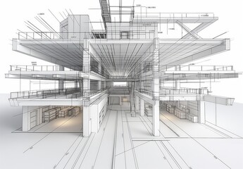Aufkleber - Industrial building wireframe rendering with architectural and construction details