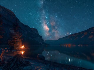 Wall Mural - group enjoying campfire by lakeside at night
