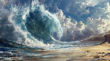 Wall Mural - giant sea wave at daytime approaching an island