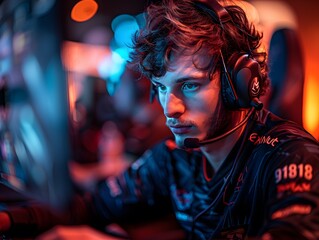 Wall Mural - Esports tournament with focused pro gamer