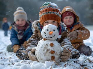 Wall Mural - Kids building a snowman and playing in the snow