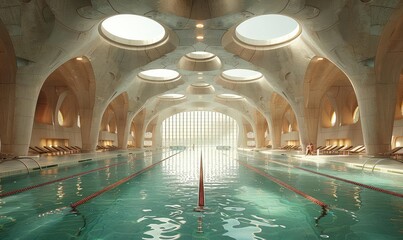 Conceptual sports facility with a biometricenhanced swimming pool, hightech, dynamic angle