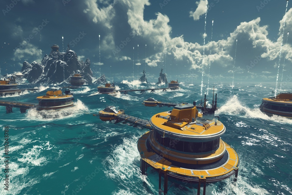 The image shows a futuristicHai Shang Cheng Shi , with many large ...