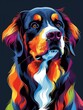 Colorful, Abstract Art Portrait of a Dog in Vivid Tones on dark background.