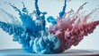 Photo of a splash of blue and pink paint on a white background