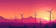 environment, flat design, wind turbines at sunrise in a desert landscape