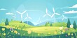 environment, flat design, wind turbines in a field of wildflowers
