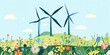 environment, flat design, wind turbines in a field of wildflowers