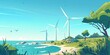 environment, flat design, wind turbines along a coastal area