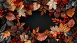 Autumn Leaves and Berries Border on Dark Background for Elegant Fall Design.